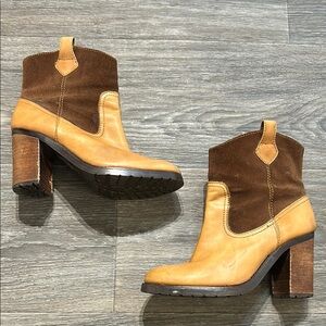 Lauren Ralph Lauren Devyn Leather Suede Heeled Ankle Boots Western Tan Brown 6